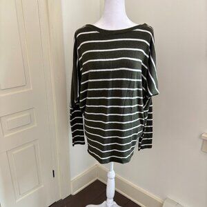 Olive Green/White Striped Boatneck Tunic with Long Dolman Sleeves, M, Wantable